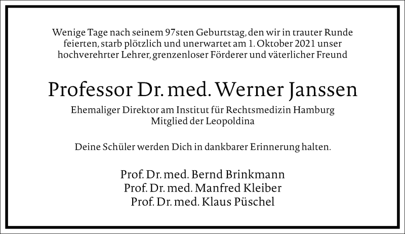  Traueranzeige für Werner Janssen vom 09.10.2021 aus Frankfurter Allgemeine Zeitung