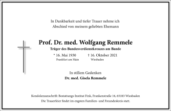 Traueranzeige von Wolfgang Remmele von Frankfurter Allgemeine Zeitung