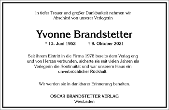 Traueranzeige von Yvonne Brandstetter von Frankfurter Allgemeine Zeitung