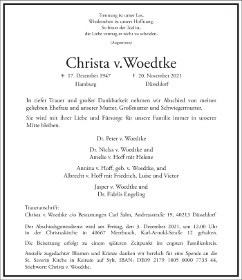 Traueranzeige von Christa v Woedtke von Frankfurter Allgemeine Zeitung