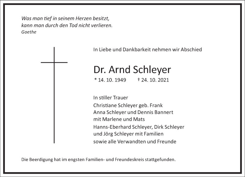  Traueranzeige für Dr. Arnd Schleyer vom 01.01.0001 aus Frankfurter Allgemeine Zeitung