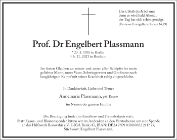 Traueranzeige von Dr. Engelbert Plassmann von Frankfurter Allgemeine Zeitung