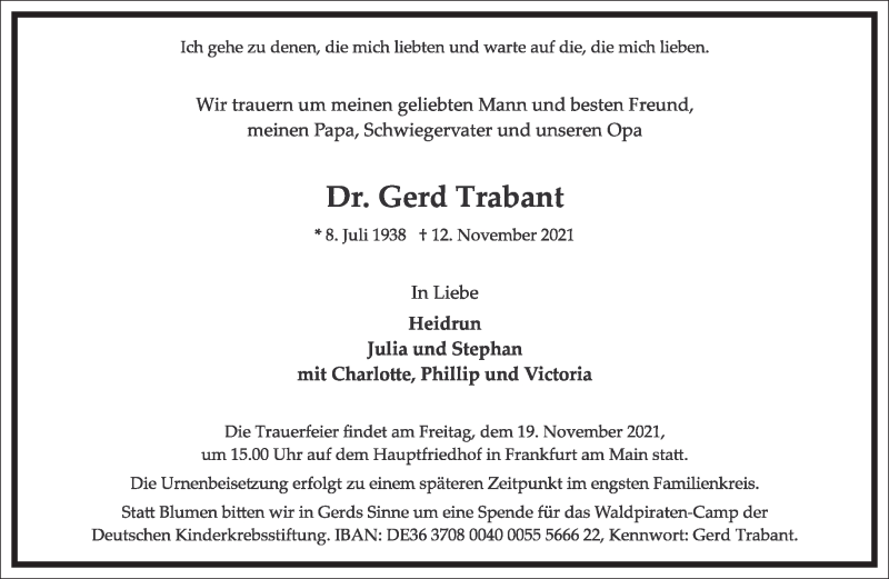  Traueranzeige für Dr. Gerd Trabant vom 17.11.2021 aus Frankfurter Allgemeine Zeitung