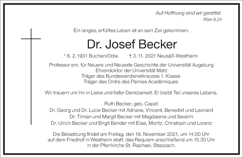  Traueranzeige für Dr. Josef Becker vom 13.11.2021 aus Frankfurter Allgemeine Zeitung