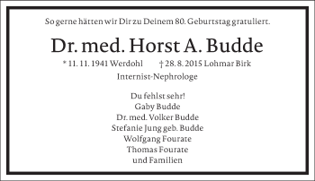 Traueranzeige von Dr. med. Horst A. Budde von Frankfurter Allgemeine Zeitung