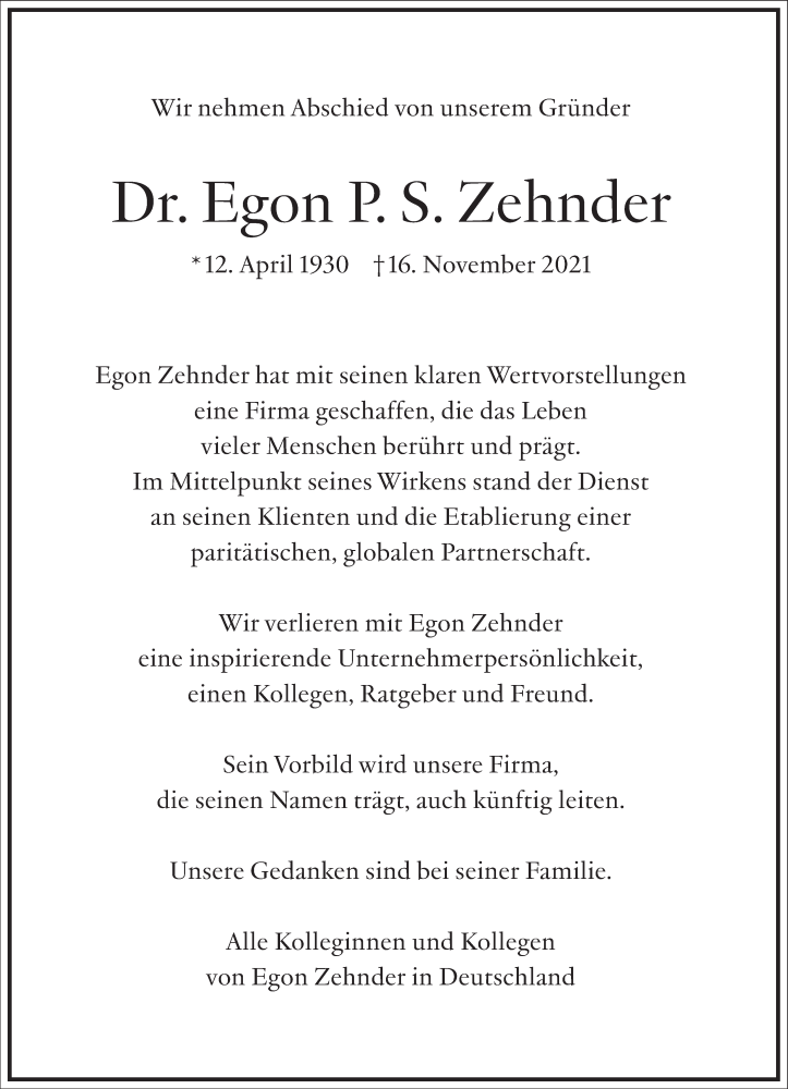  Traueranzeige für Egon P. S. Zehnder vom 20.11.2021 aus Frankfurter Allgemeine Zeitung