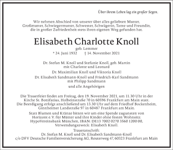 Traueranzeige von Elisabeth Charlotte Knoll von Frankfurter Allgemeine Zeitung