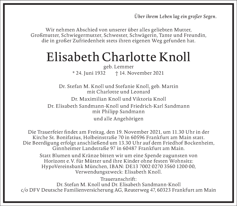  Traueranzeige für Elisabeth Charlotte Knoll vom 17.11.2021 aus Frankfurter Allgemeine Zeitung