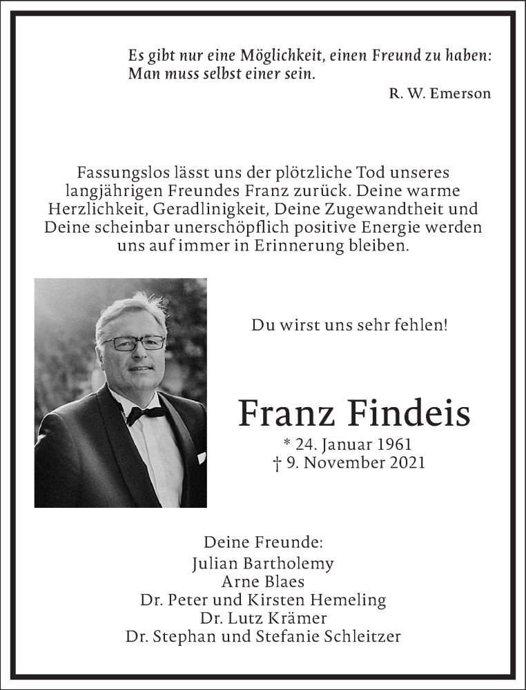  Traueranzeige für Franz Findeis vom 27.11.2021 aus Frankfurter Allgemeine Zeitung
