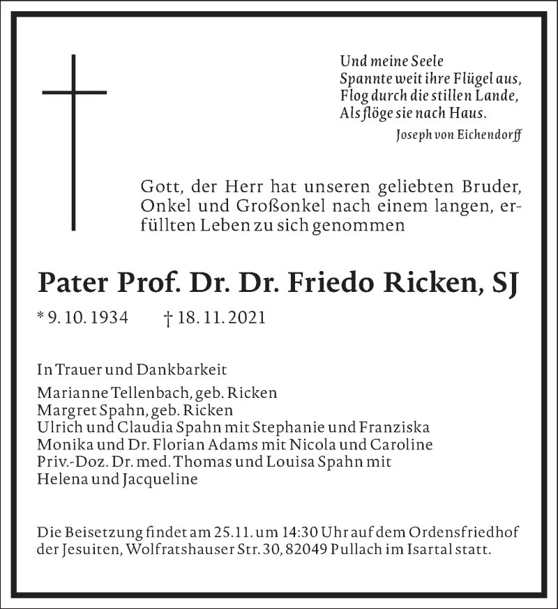  Traueranzeige für Friedo Ricken vom 23.11.2021 aus Frankfurter Allgemeine Zeitung