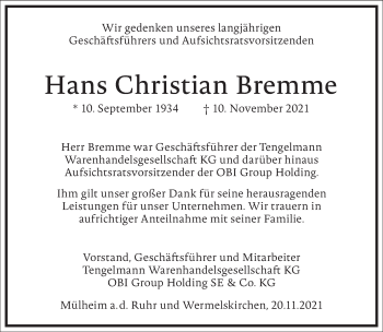 Traueranzeige von Hans Christian Bremme von Frankfurter Allgemeine Zeitung