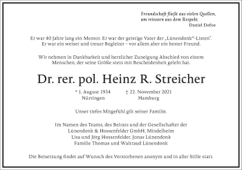 Traueranzeige von Heinz R. Streicher von Frankfurter Allgemeine Zeitung