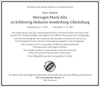 Traueranzeige von Herzogin Marie Alix zu Schleswig-Holstein-Sonderburg-Glücksburg von Frankfurter Allgemeine Zeitung