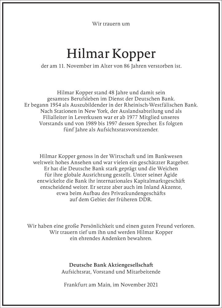  Traueranzeige für Hilmar Kopper vom 16.11.2021 aus Frankfurter Allgemeine Zeitung