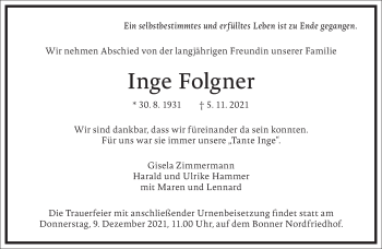 Traueranzeige von Inge Folgner von Frankfurter Allgemeine Zeitung