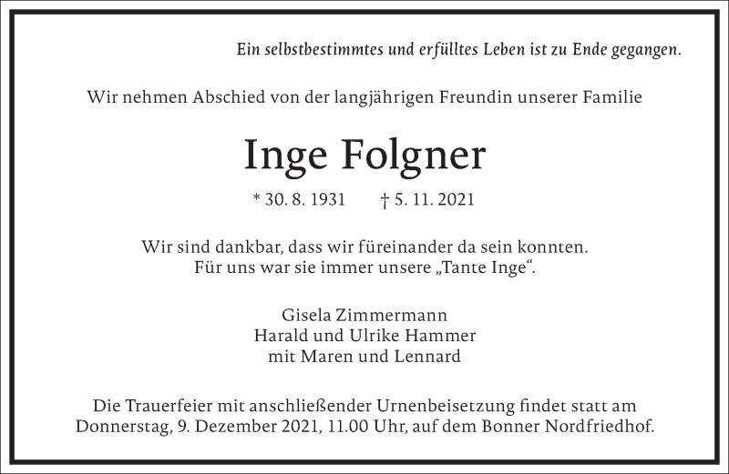  Traueranzeige für Inge Folgner vom 27.11.2021 aus Frankfurter Allgemeine Zeitung