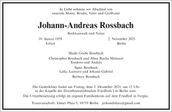 Traueranzeige von Johann-Andreas Rossbach von Frankfurter Allgemeine Zeitung