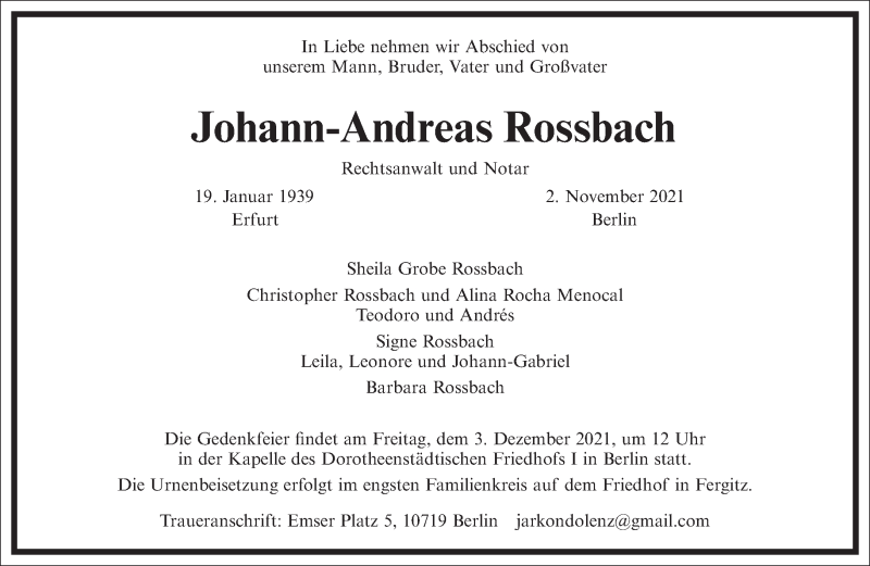  Traueranzeige für Johann-Andreas Rossbach vom 13.11.2021 aus Frankfurter Allgemeine Zeitung
