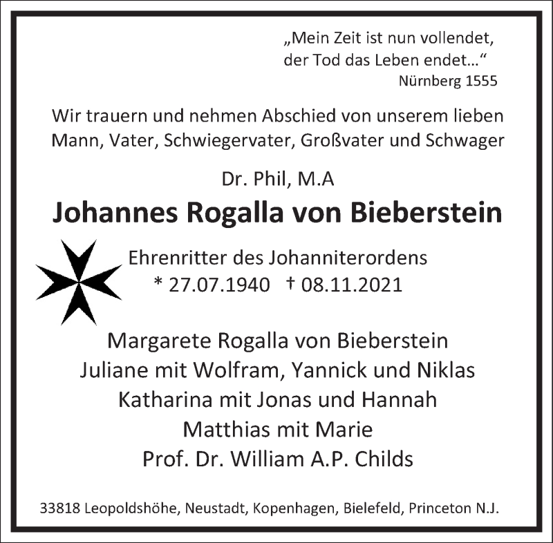  Traueranzeige für Johannes Rogalla von Bieberstein vom 27.11.2021 aus Frankfurter Allgemeine Zeitung