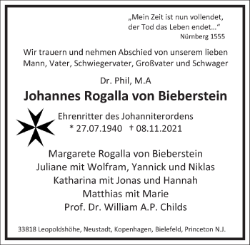 Traueranzeige von Johannes Rogalla von Bieberstein von Frankfurter Allgemeine Zeitung