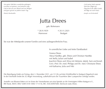 Traueranzeige von Jutta Drees von Frankfurter Allgemeine Zeitung