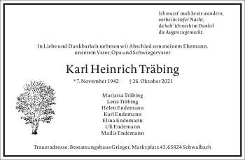 Traueranzeige von Karl Heinrich Träbing von Frankfurter Allgemeine Zeitung