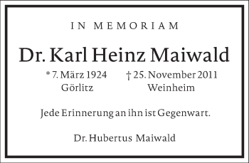 Traueranzeige von Karl Heinz Maiwald von Frankfurter Allgemeine Zeitung