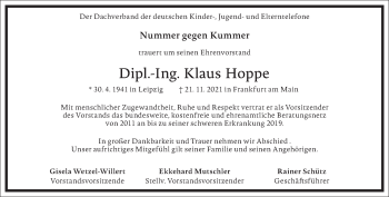 Traueranzeige von Klaus Hoppe von Frankfurter Allgemeine Zeitung