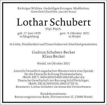 Traueranzeige von Lothar Schubert von Frankfurter Allgemeine Zeitung