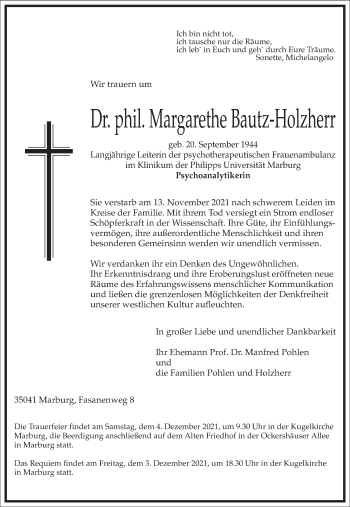 Traueranzeige von Margarethe Bautz-Holzherr von Frankfurter Allgemeine Zeitung