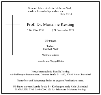 Traueranzeige von Marianne Kesting von Frankfurter Allgemeine Zeitung