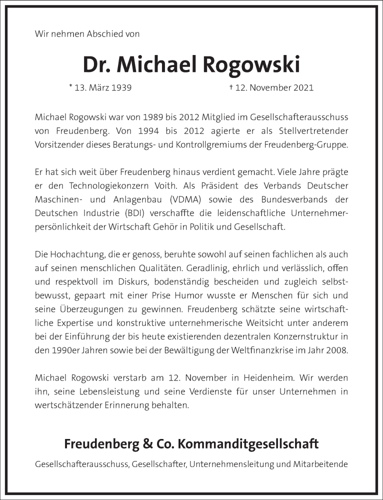  Traueranzeige für Michael Rogowski vom 20.11.2021 aus Frankfurter Allgemeine Zeitung