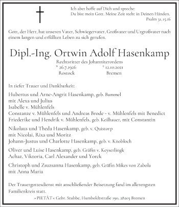 Traueranzeige von Ortwin Adolf Hasenkamp von Frankfurter Allgemeine Zeitung