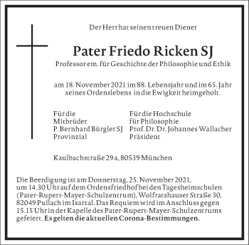 Traueranzeige von Pater Friedo Ricken SJ von Frankfurter Allgemeine Zeitung