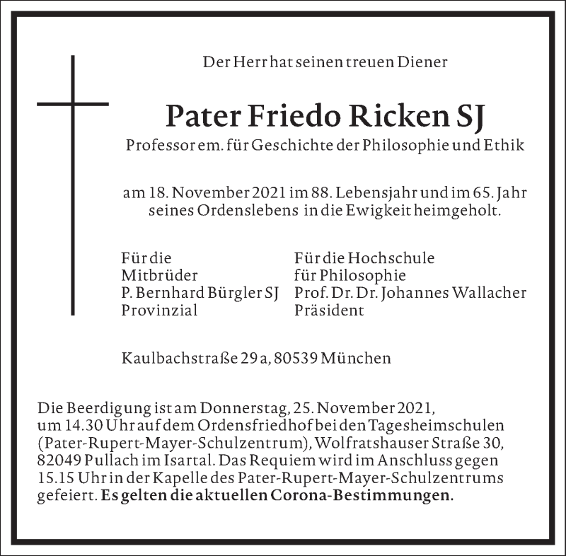  Traueranzeige für Pater Friedo Ricken SJ vom 20.11.2021 aus Frankfurter Allgemeine Zeitung