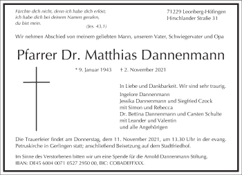 Traueranzeige von Pfarrer Dr. Matthias Dannenmann von Frankfurter Allgemeine Zeitung