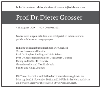 Traueranzeige von Prof. Dr. Dieter Grosser von Frankfurter Allgemeine Zeitung