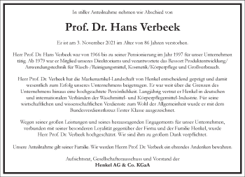 Traueranzeige von Prof. Dr. Hans Verbeek von Frankfurter Allgemeine Zeitung