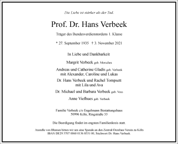 Traueranzeige von Prof. Dr. Hans Verbeek von Frankfurter Allgemeine Zeitung