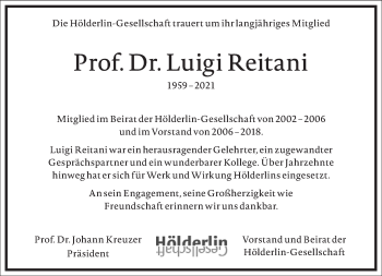 Traueranzeige von Prof. Dr. Luigi Reitani von Frankfurter Allgemeine Zeitung