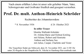 Traueranzeige von Prof. Dr. mult. Anthon-Heinrich Schröder von Frankfurter Allgemeine Zeitung