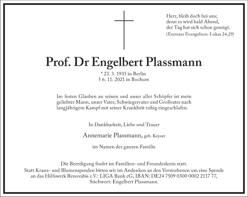  Traueranzeige für Prof. Dr Engelbert Plassmann vom 11.11.2021 aus Frankfurter Allgemeine Zeitung