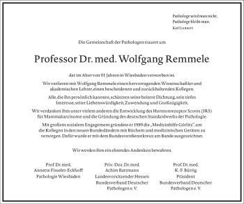 Traueranzeige von Professor Dr. med. Wolfgang Remmele von Frankfurter Allgemeine Zeitung