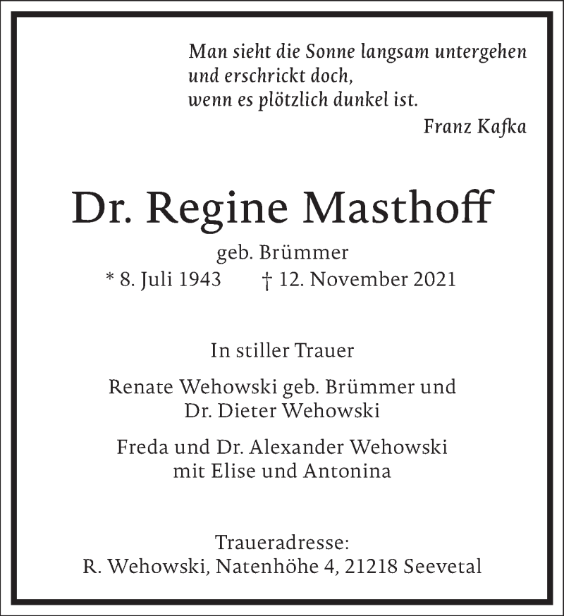  Traueranzeige für Regine Masthoff vom 20.11.2021 aus Frankfurter Allgemeine Zeitung