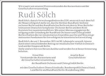 Traueranzeige von Rudi Sölch von Frankfurter Allgemeine Zeitung