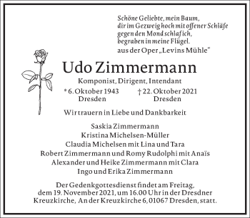 Traueranzeige von Udo Zimmermann von Frankfurter Allgemeine Zeitung