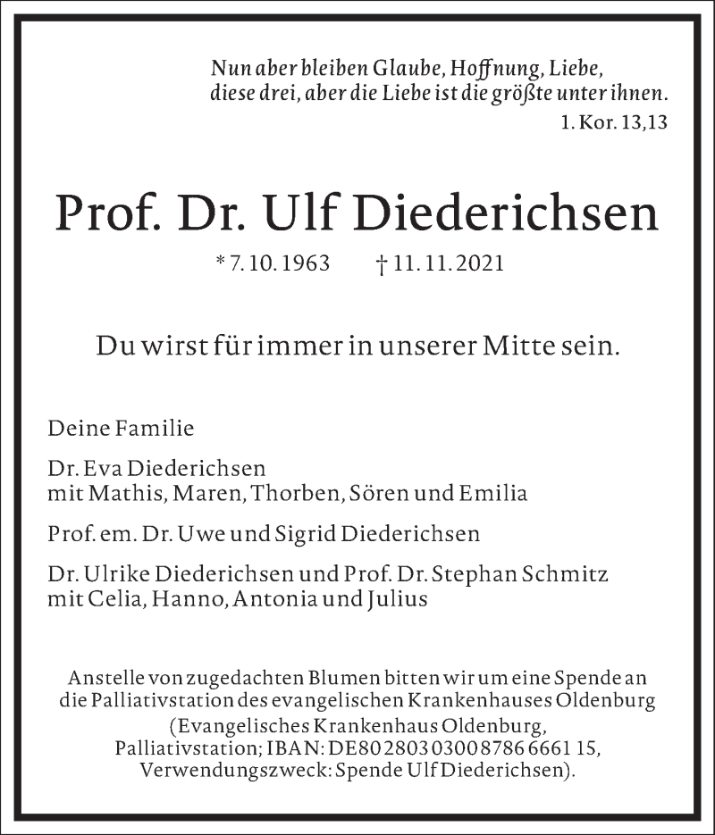  Traueranzeige für Ulf Diederichsen vom 20.11.2021 aus Frankfurter Allgemeine Zeitung