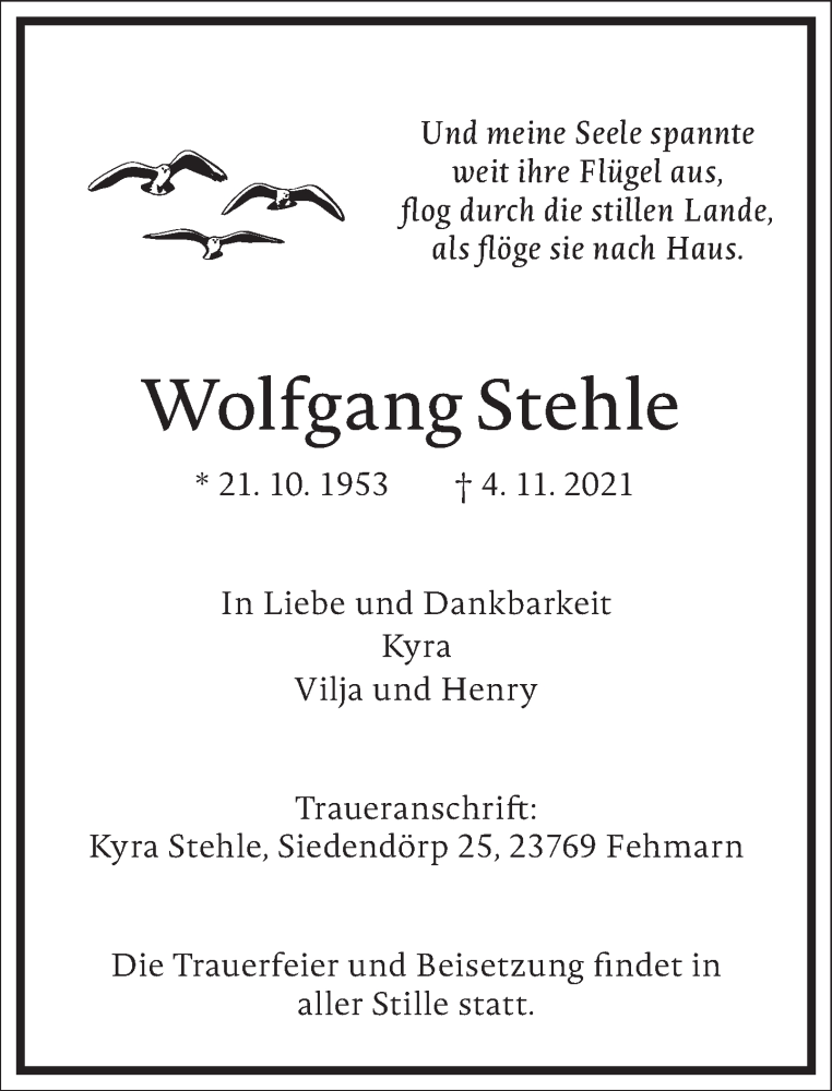  Traueranzeige für Wolfgang Stehle vom 20.11.2021 aus Frankfurter Allgemeine Zeitung