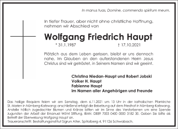 Traueranzeige von Wolfgang Friedrich Haupt von Frankfurter Allgemeine Zeitung