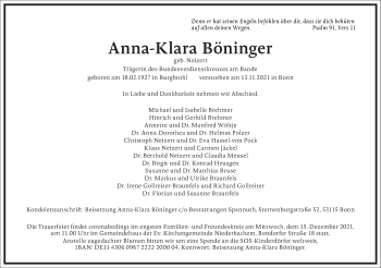 Traueranzeige von Anna-Klara Böninger von Frankfurter Allgemeine Zeitung